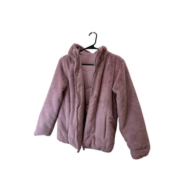 Abercrombie Kids Sz 13/14 Girls Reversible Faux Fur Puffer Jacket Pink -See Spot - Picture 1 of 8